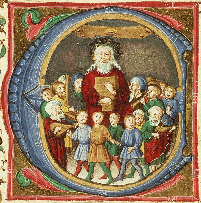 David_playing the harp, surrounded by musicians and dancing children